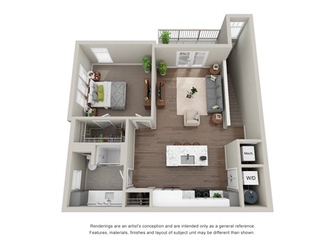 Floor plan for 1 bed, 1 bath, 864 sqft